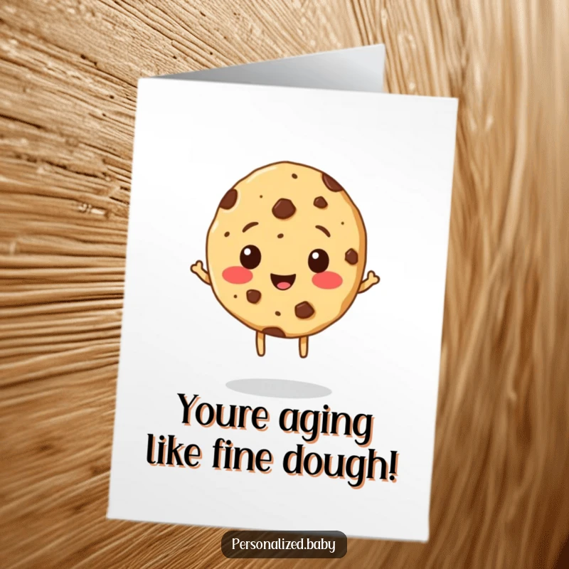 Funny Free Printable Birthday Card: A cheerful cookie character with chocolate chip freckles bouncing joyfully.
