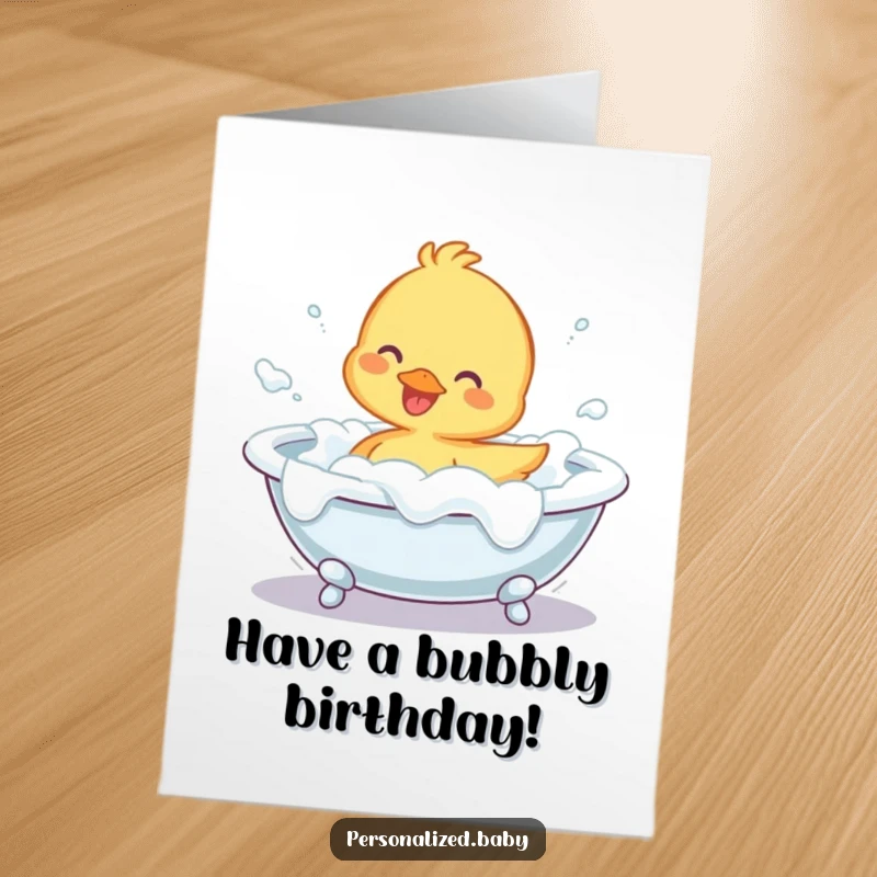 Funny Free Printable Birthday Card: A cheerful duckling character joyfully splashing in a bathtub overflowing with white foam.