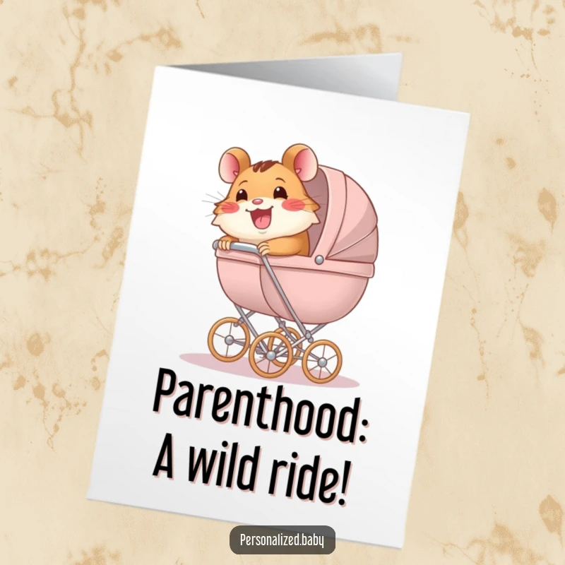 Funny Free Printable Birthday Card: A happy hamster character enthusiastically pushing an oversized baby carriage, ready for parenthood.