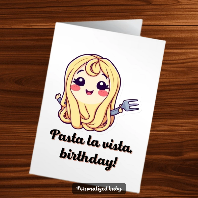 Funny Free Printable Birthday Card: Smiling, wiggling spaghetti noodle character playfully interacting with a fork, ready to celebrate.