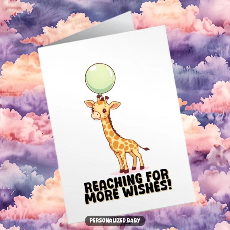Funny Free Printable Birthday Card: A curious baby giraffe stretching its long neck to grab a floating, colorful balloon.