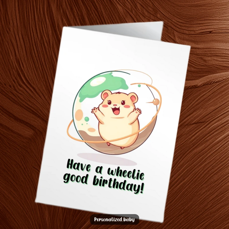Funny Free Printable Birthday Card: Happy hamster joyfully wheels around a giant, spinning planet in space.