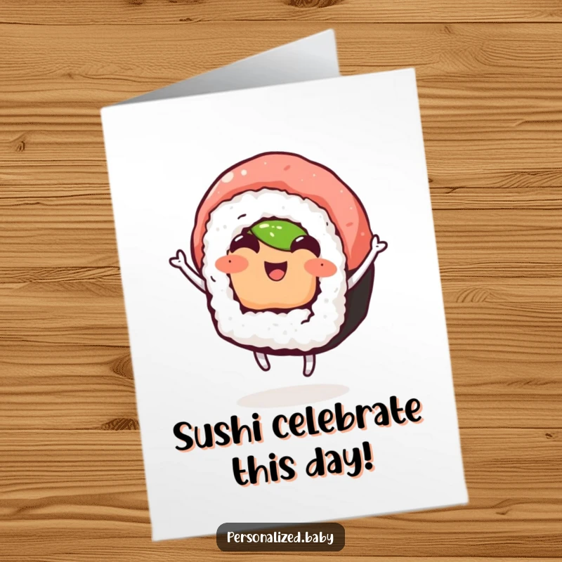 Funny Free Printable Birthday Card: A happy sushi roll dances with pure joy, celebrating a special birthday with infectious energy.