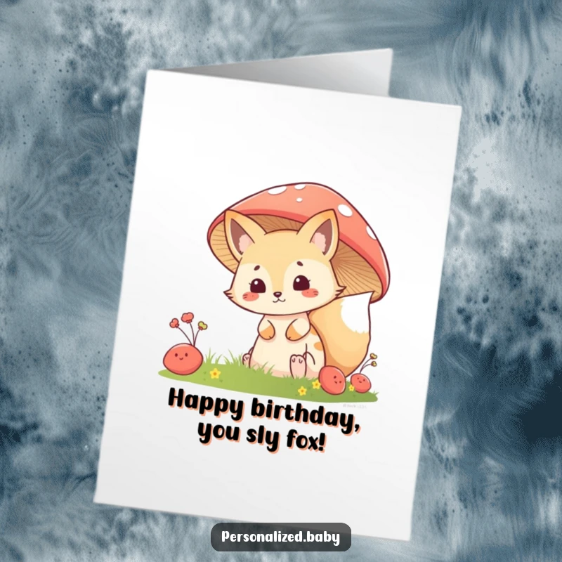 Funny Free Printable Birthday Card: Mischievous fox kit peeking from behind a giant mushroom, hiding a surprise.