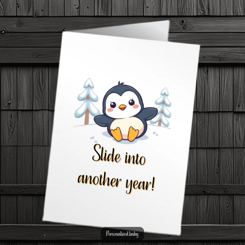 Funny Free Printable Birthday Card: A cute penguin chick joyfully sliding down a snowy slope on its belly.