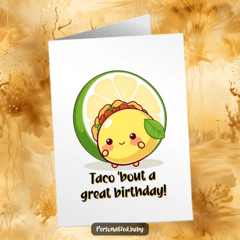 Funny Free Printable Birthday Card: A shy, blushing taco character peeks nervously from behind a huge lime, wishing a happy birthday.