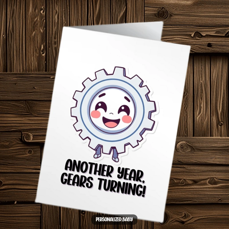 Funny Free Printable Birthday Card: Smiling gear character spinning playfully, representing automation and birthday wishes.