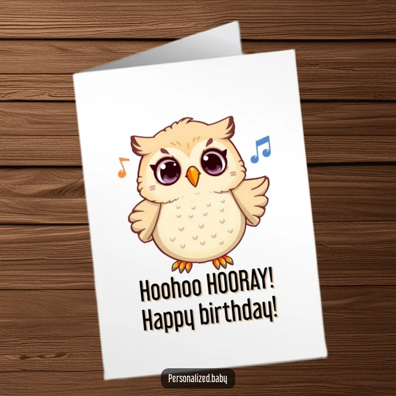 Funny Free Printable Birthday Card: Owl with wide eyes, hooting a surprising melody with musical notes flowing from its beak.