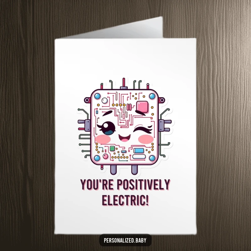 Funny Free Printable Birthday Card: Cheerful circuit board character winking, sending techy birthday wishes with a smile.