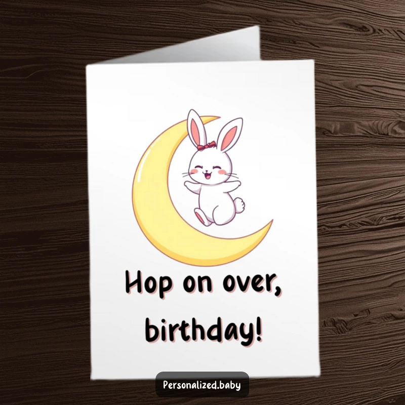 Funny Free Printable Birthday Card: Giggling bunny joyfully hopping on a large crescent moon, full of delight.