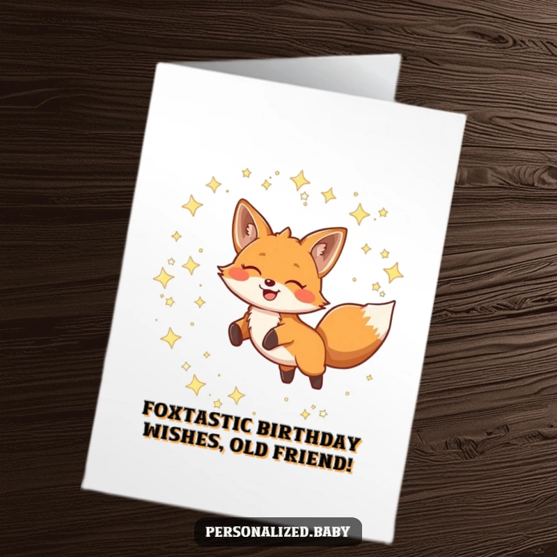 Funny Free Printable Birthday Card: Smiling fox leaping through starry constellations, radiating pure joy and birthday cheer.
