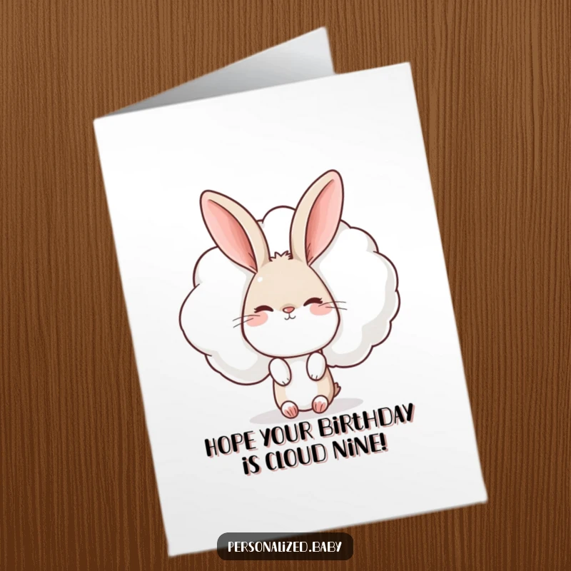 Funny Free Printable Birthday Card featuring a curious rabbit peeking from behind a giant, winking cloud, spreading birthday cheer.