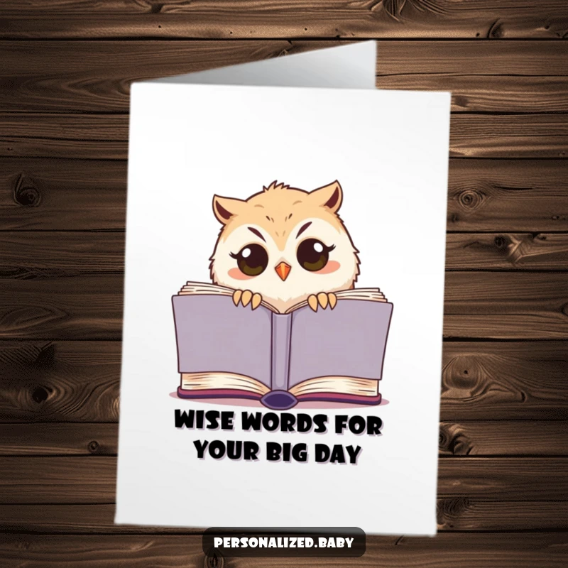 Funny Free Printable Birthday Card: Sleepy owl chick with wide eyes peeking from a giant book, offering sleepy birthday wishes.