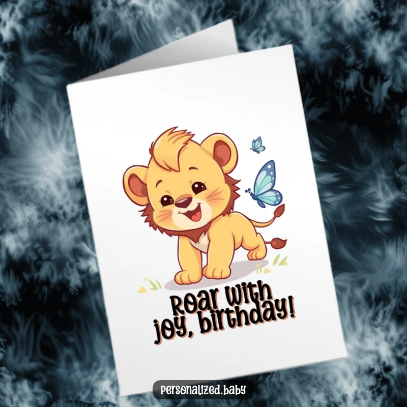 Funny Free Printable Lion Cub Birthday Card: A goofy baby lion cub hilariously lunges after a shimmering butterfly.