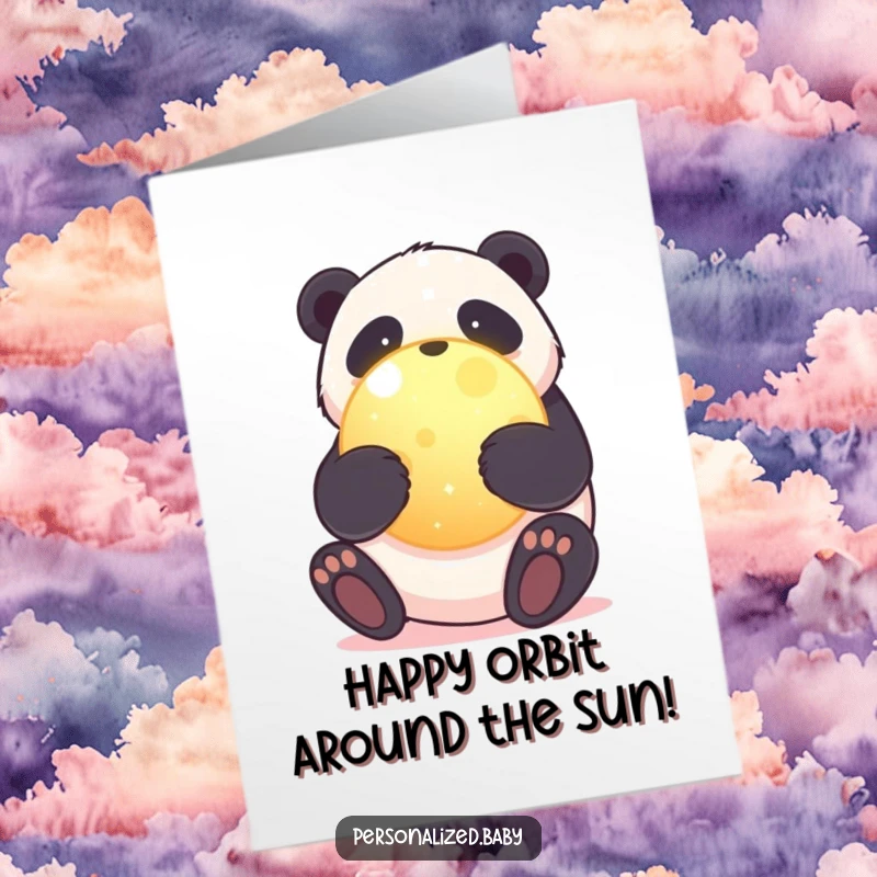 Funny Free Printable Panda Birthday Card: Sweet panda hugging a glowing planet, wishing a happy birthday.