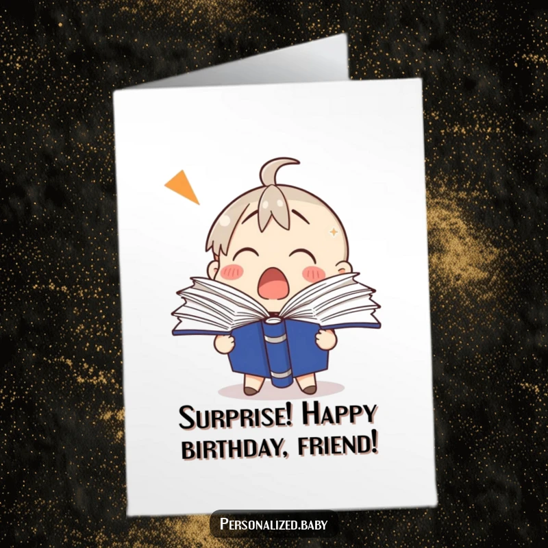 Funny Free Printable Birthday Card of a binder character with pages fanning out in shock, reacting to big news.
