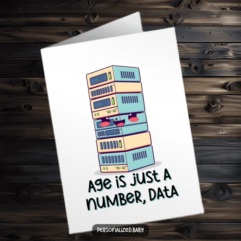Funny Free Printable Birthday Card featuring a giggling, wobbly stack of data blocks, perfect for techies.