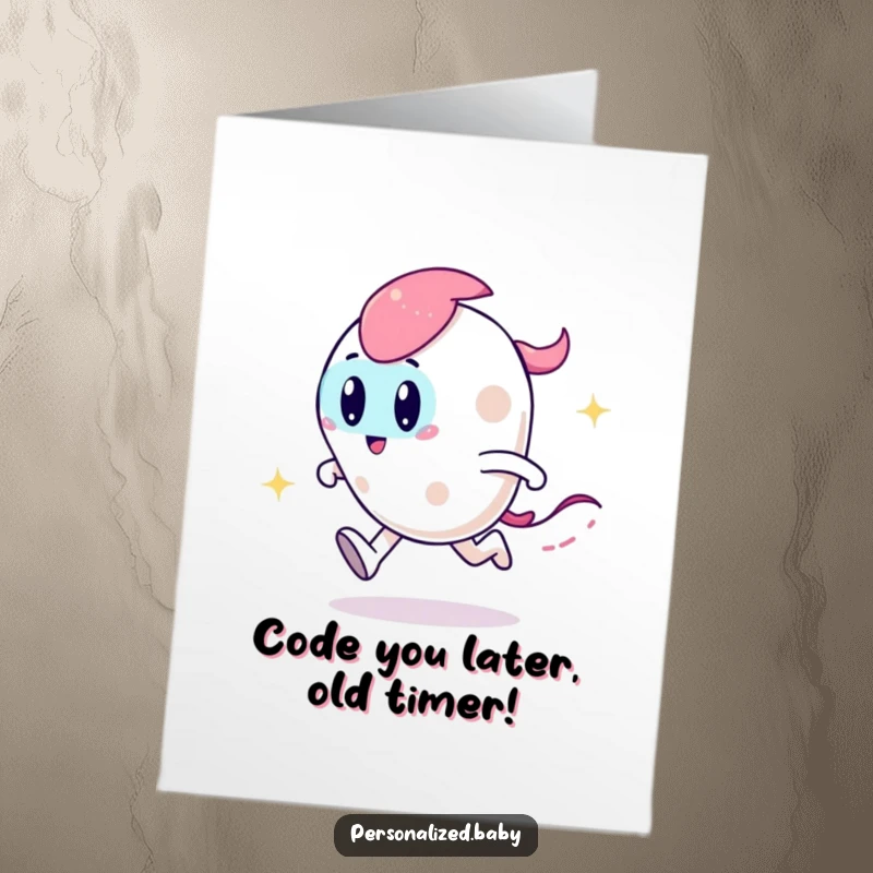 Funny Free Printable Birthday Card featuring a zooming code character with a sparkly trail, perfect for tech lovers.