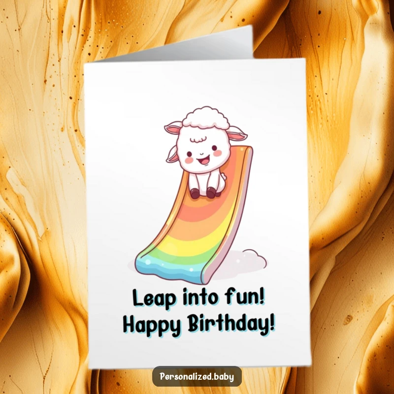 Funny Free Printable Birthday Card: Giggling lamb tumbles down a rainbow slide, celebrating birthdays with pure, humorous delight.