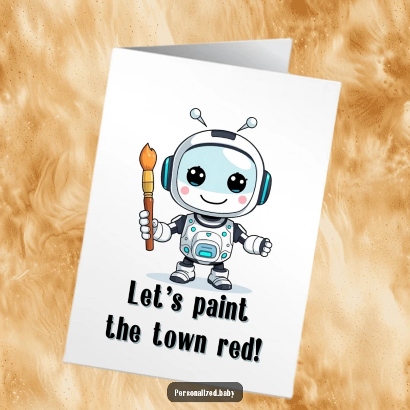 Funny Free Printable Birthday Card: Cheerful AI robot with antenna buzzing, happily holding a paintbrush, ready to create a festive scene.