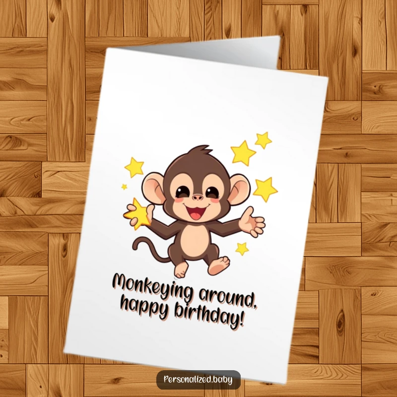 Funny Free Printable Monkey Birthday Card: A mischievous monkey juggling bright, glowing stars, wishing a happy birthday.