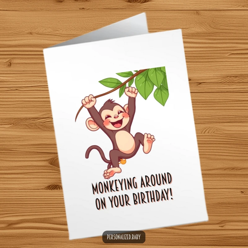 Funny Free Printable Birthday Card: A mischievous baby monkey swinging wildly from a vine, with a contagious laugh.