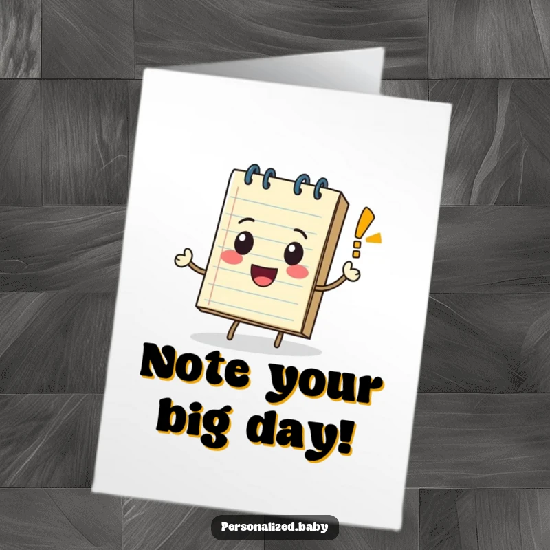 Funny Free Printable Birthday Card: A rolling notepad character with a big smile and a jumping exclamation mark celebrating.