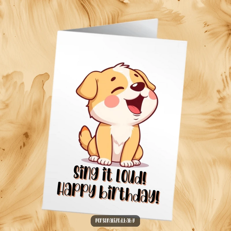 Funny Free Printable Birthday Card: Giggling dog tilting head back, singing joyfully with musical notes around it.