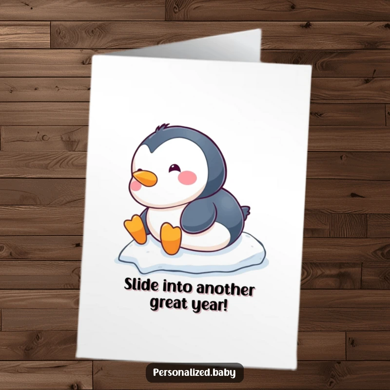 Funny Free Printable Birthday Card: A chubby baby penguin belly-slides gleefully down a snowy hill.