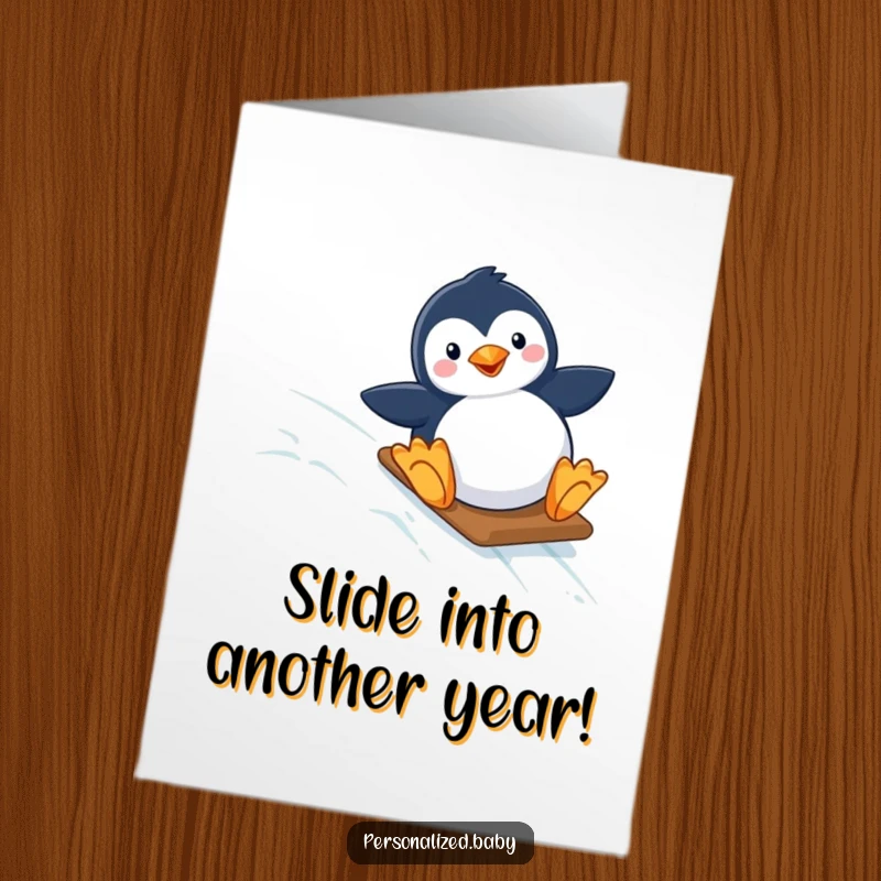 Funny Free Printable Penguin Birthday Card: Happy penguin joyfully sliding down a starry icy slope, spreading cheer.