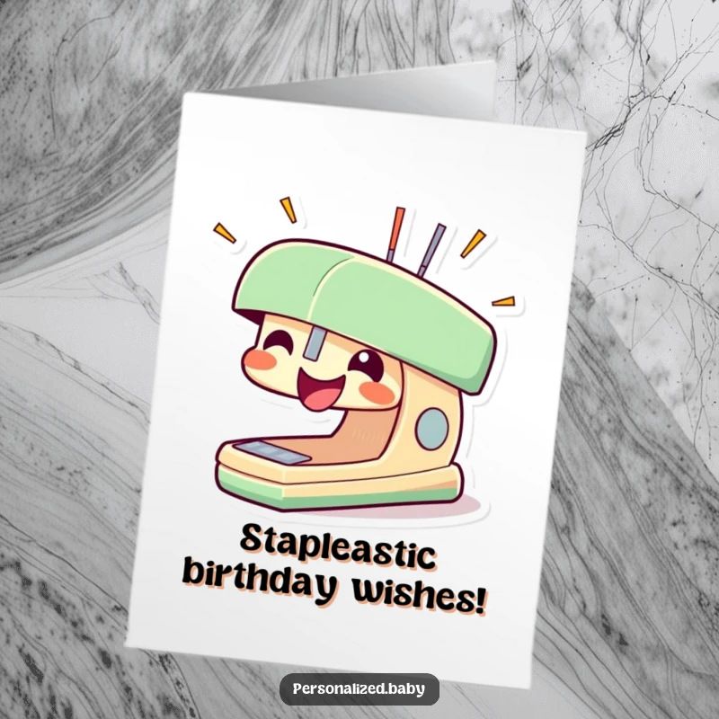 Funny Free Printable Birthday Card showing a smiling stapler character with staples popping out in pure birthday excitement.