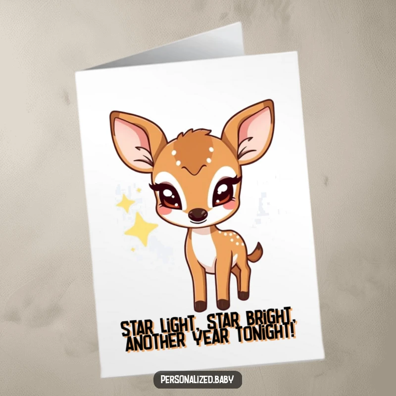 Funny Free Printable Birthday Card: Shy deer fawn with big eyes blinks coyly from behind a twinkling star.