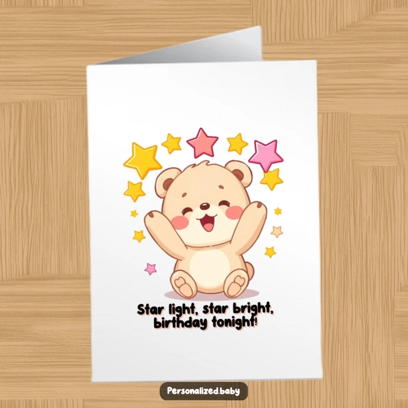 Funny Free Printable Birthday Card showing a fluffy bear cub juggling stars with a joyful smile. Perfect for DIY digital gift.