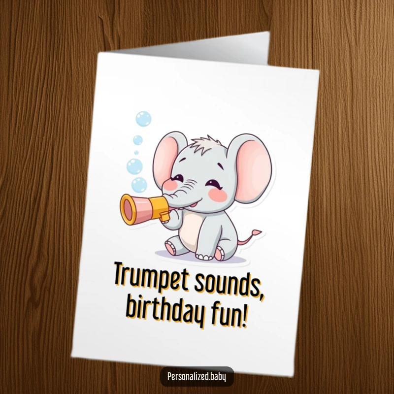 Funny Free Printable Birthday Card: Tiny elephant character happily blowing colorful bubbles from a toy trumpet, festive and cheerful.
