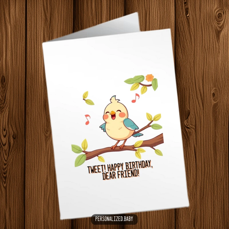 Funny Free Printable Birthday Card: A happy bird perched on a branch joyfully belts out a birthday tune.