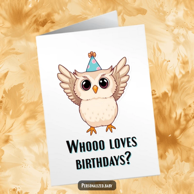 Funny Free Printable Birthday Card: a baby owl in a party hat swoops down with wide eyes. Surprise digital gift.