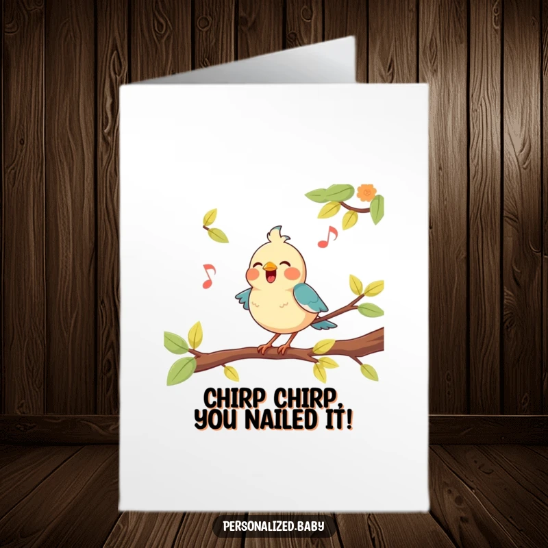 Funny Free Printable Congratulations Card: A happy bird on a branch sings a triumphant tune for congratulations.