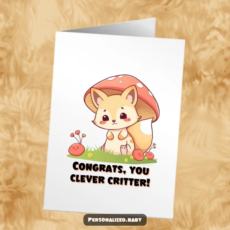 Funny Free Printable Congratulations Card: Mischievous fox kit peeking from behind a mushroom, celebrating slyly.