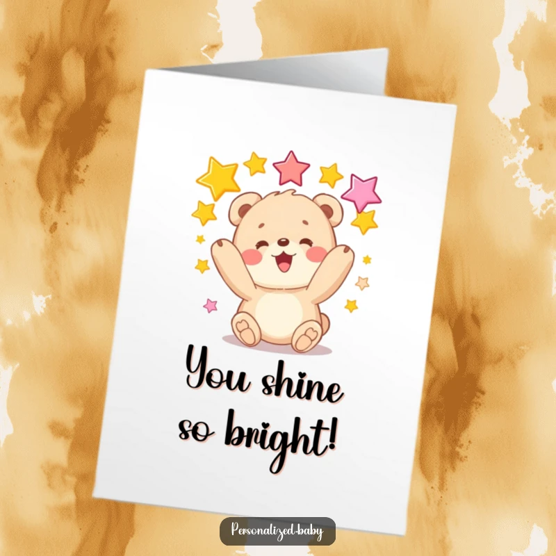 Funny Free Printable Congratulations Card with a bear cub juggling stars happily. DIY digital download for celebrations.