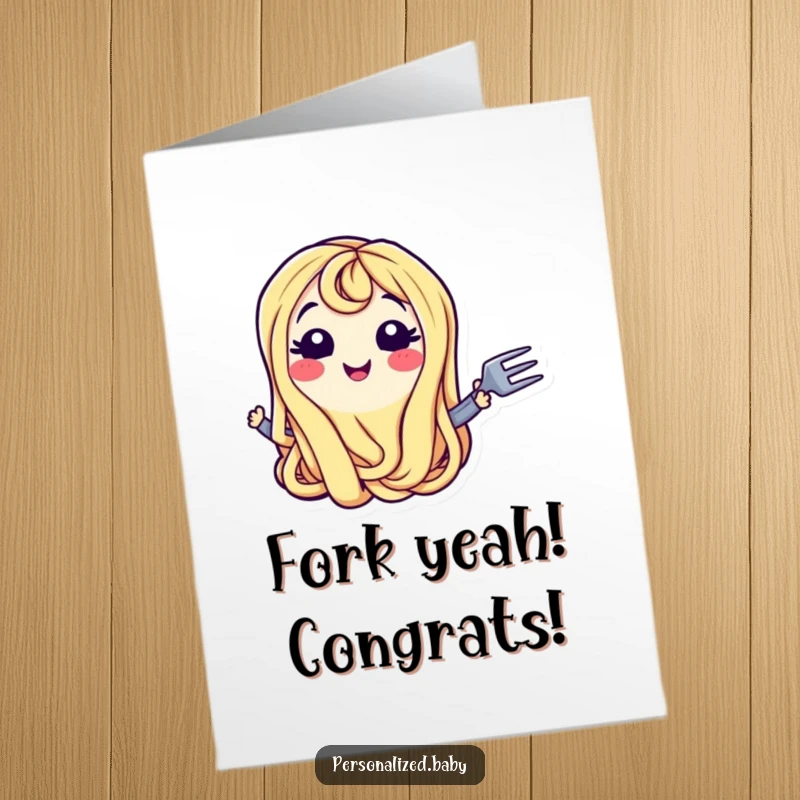 Funny Free Printable Congrats Card: Wiggling spaghetti noodle character smiling beside a fork, symbolizing a delicious victory.