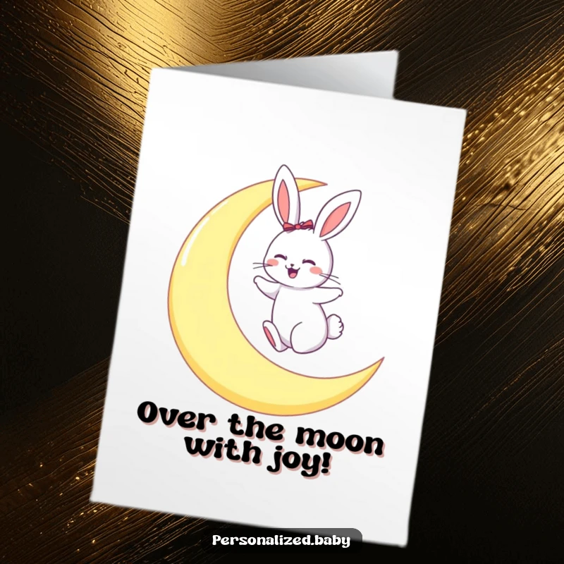 Funny Free Printable Congrats Card: Giggling bunny hopping on a crescent moon, celebrating an achievement.