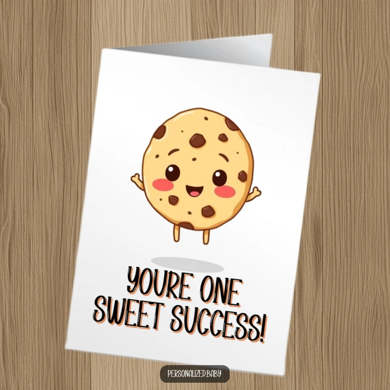 Free Printable Congratulations Card: A cheerful cookie with chocolate chip freckles bouncing happily to celebrate.