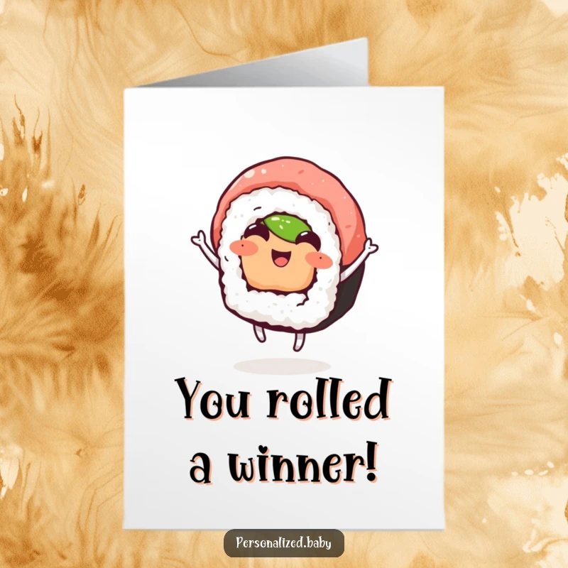 Funny Free Printable Congratulations Card: A happy sushi roll performs a joyful dance, spreading cheer for a big accomplishment.