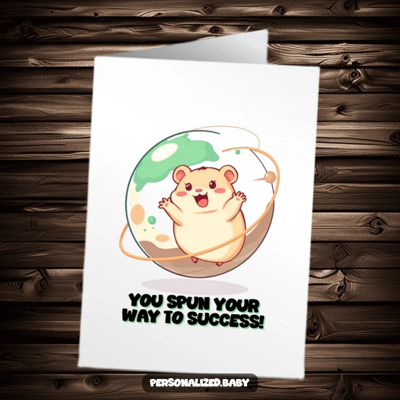 Funny Free Printable Congratulations Card: A happy hamster spins with delight around a massive, spinning planet.
