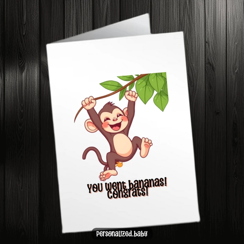 Funny Free Printable Congrats Card: A baby monkey laughing heartily while swinging wildly from a vine.