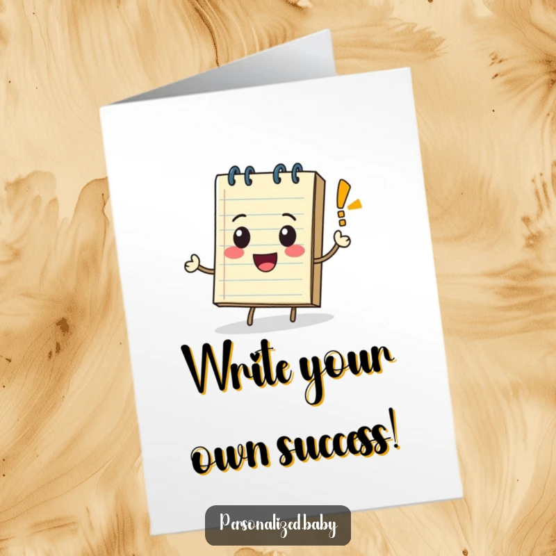 Funny Free Printable Congrats Card: A happy notepad character rolling along with a bouncing exclamation mark, celebrating achievements.
