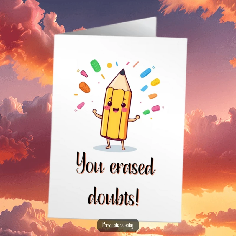 Funny Free Printable Congrats Card: An anthropomorphic pencil happily juggling colorful eraser marks, symbolizing accomplishment.
