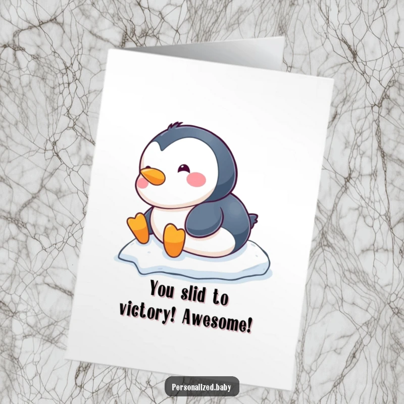 Funny Free Printable Congrats Card: A plump baby penguin making a speedy belly-slide down a snowy incline.