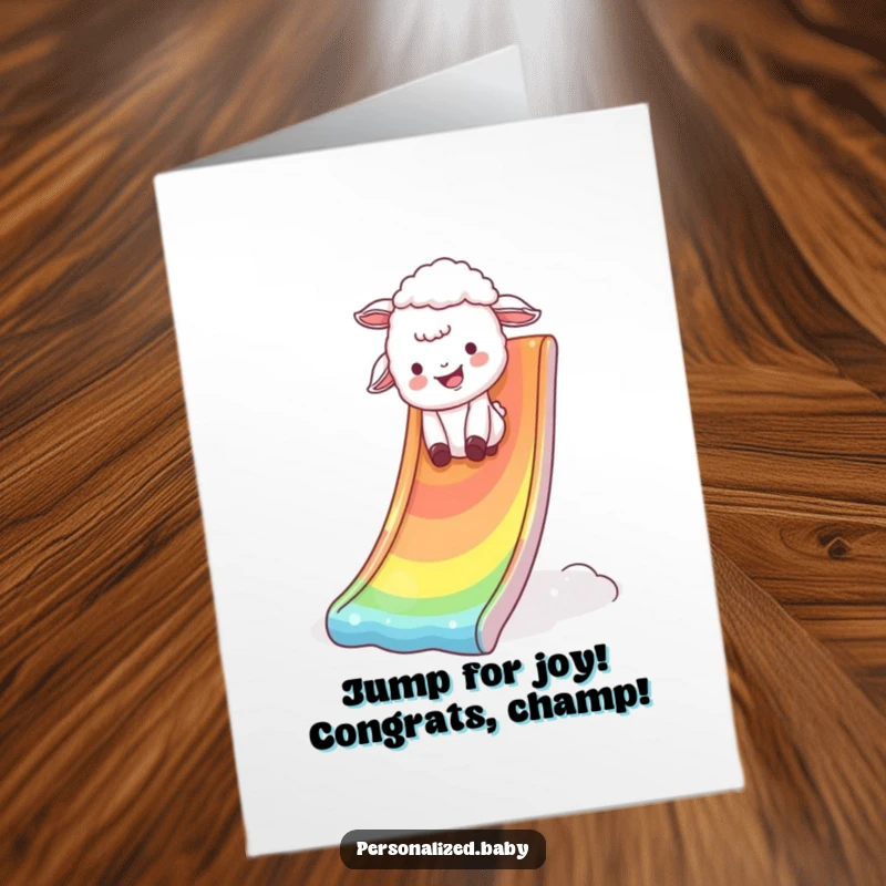 Funny Free Printable Congrats Card: Giggling lamb tumbles down a rainbow slide, celebrating achievements with humorous exuberance.