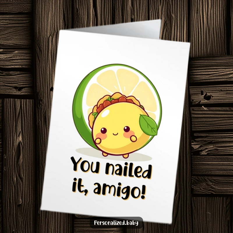 Funny Free Printable Congratulations Card: A blushing taco peeks from behind a lime, offering shy but sincere congratulations.